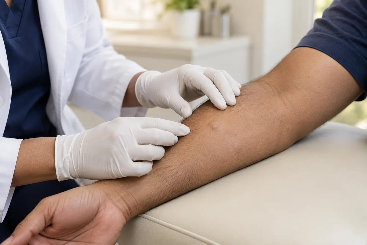 A clinician examining a small lump on an adult forearm