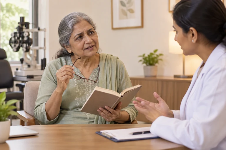 An illustrative consultation with an older woman discussing reading difficulties
