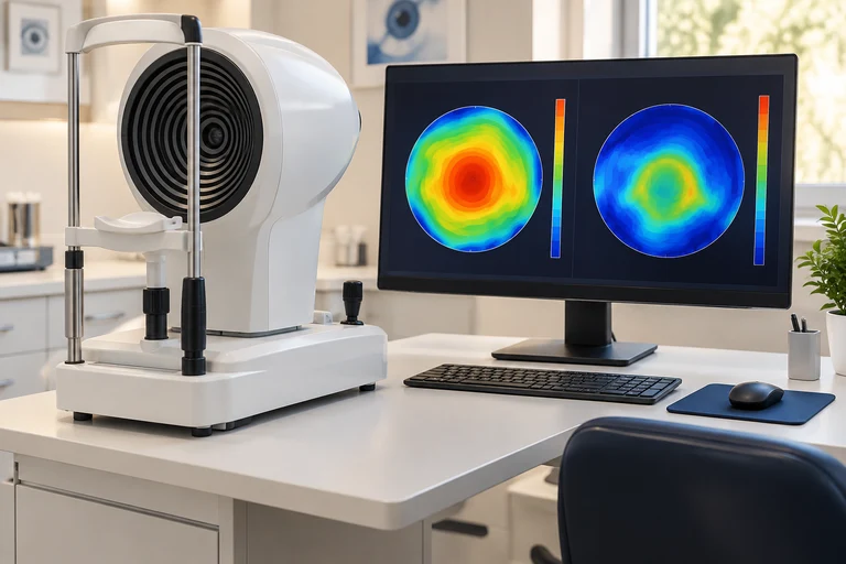 A corneal topography workstation displaying coloured corneal maps
