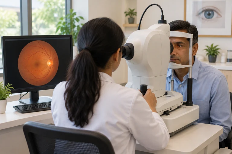 An illustrative retinal screening appointment with a fundus camera