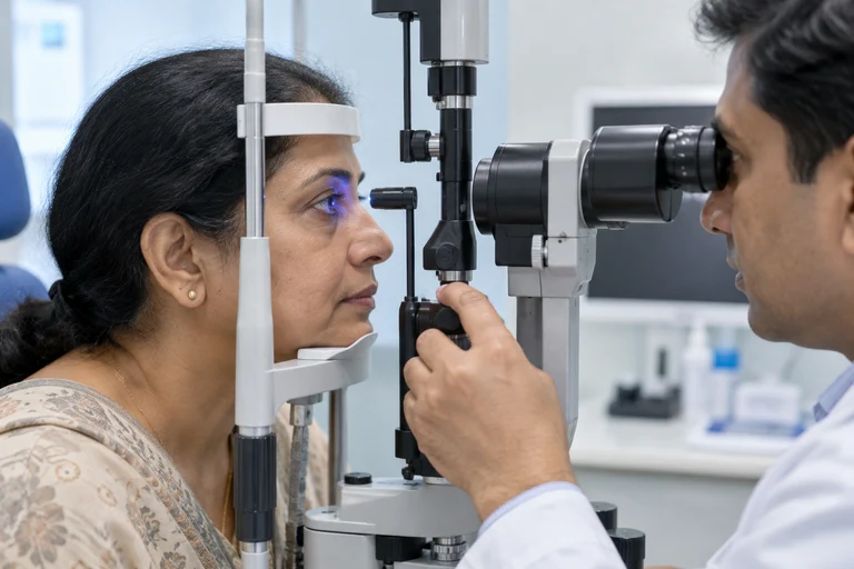 An illustrative eye pressure examination using a tonometry instrument