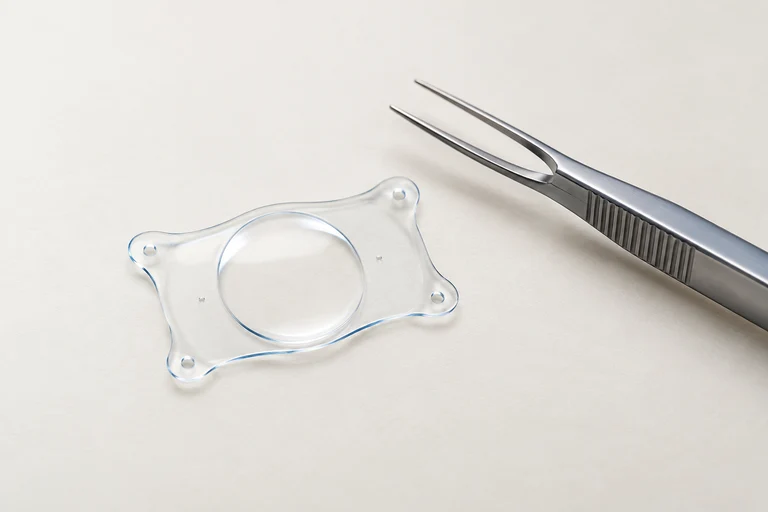 A transparent implantable collamer lens with rounded corner supports