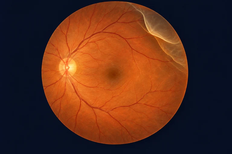 An educational retinal fundus view showing a small lifted peripheral area