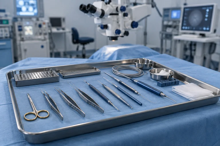 Fine retinal surgery instruments prepared on a sterile tray