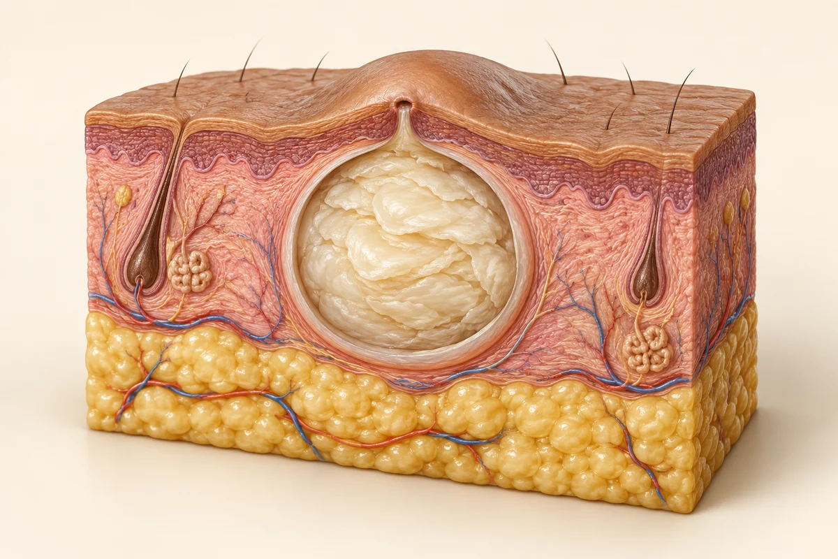A skin cross-section showing a cyst beneath the surface