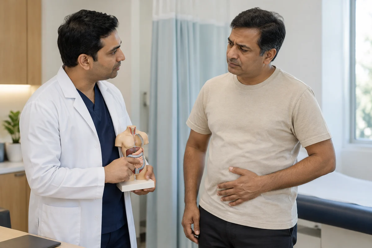 A patient discussing abdominal discomfort during a hernia consultation