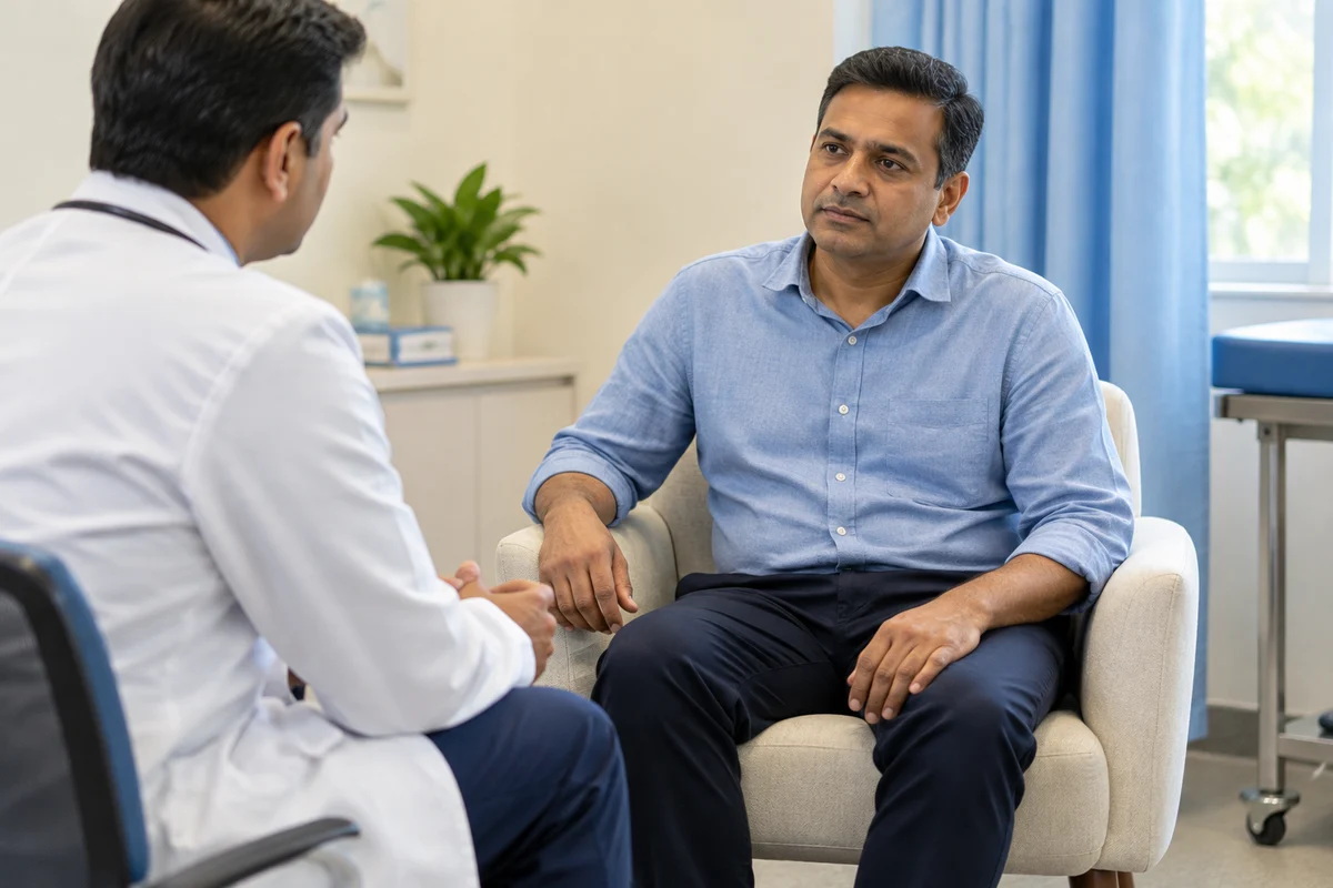 A patient discussing discomfort and treatment choices in a private consultation