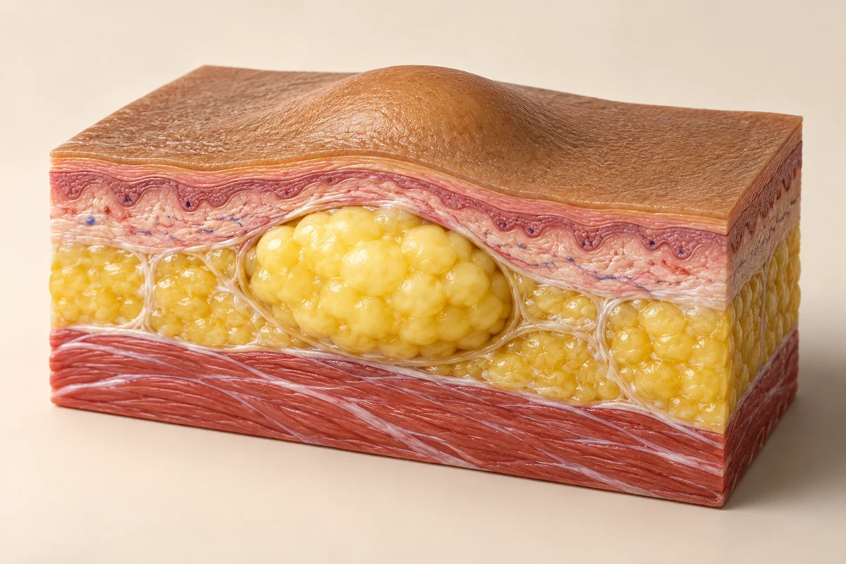 A skin cross-section showing a fatty lipoma under the skin